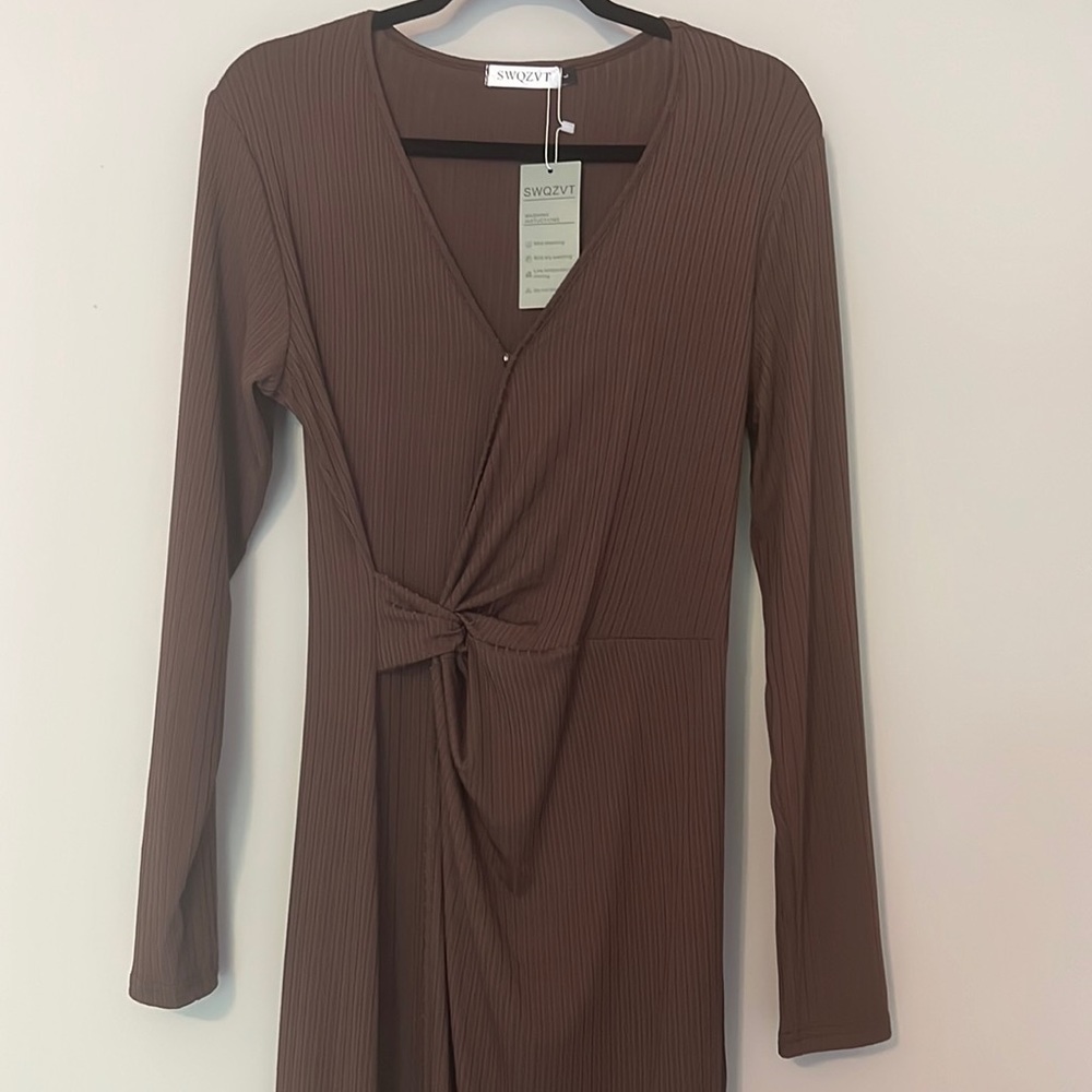 SWQZVT Womens Long Sleeve Twist V Neck Ruched Slit Midi Cocktail Party Dress